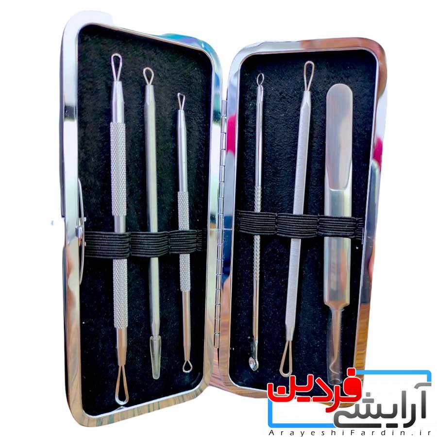 Stainless-Steel-Comedone-Acne-Extractor-6-picese ست کومدون(پیلینگ صورت) 6 تکه کیف چرمی - Image 1